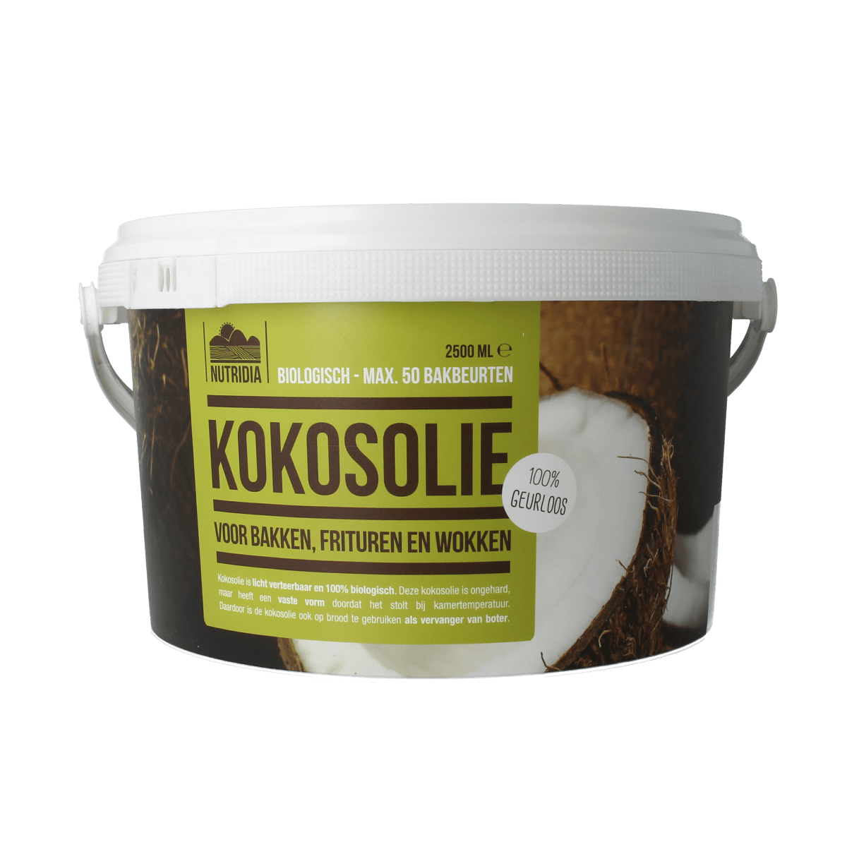 Nutribel geurloze biologische kokosolie in een 2500 ml fles, ideaal voor koken en bakken, 100% puur kokosnootolie.