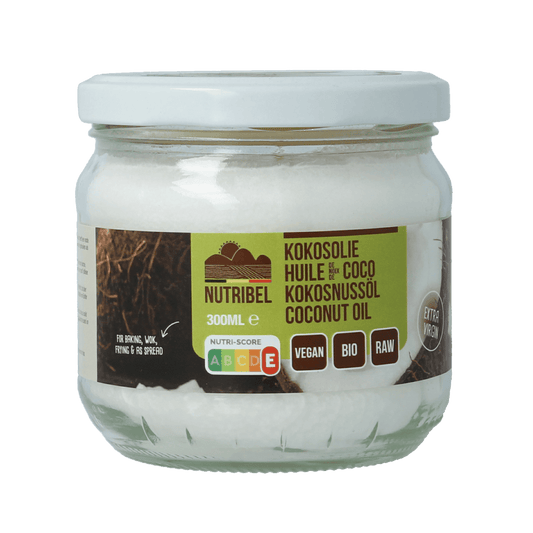 Nutribel extra virgin organic coconut oil in a 300ml jar, natural and unrefined, for cooking and skincare.