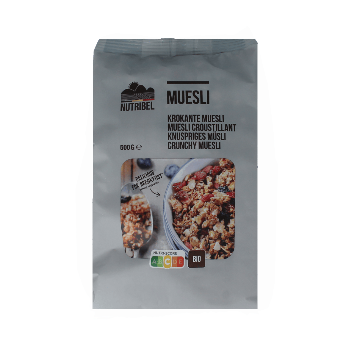 Nutribel Muesli Krokant Superfood bio, 500g, crunchy breakfast grains with organic superfood ingredients in a clear bowl.
