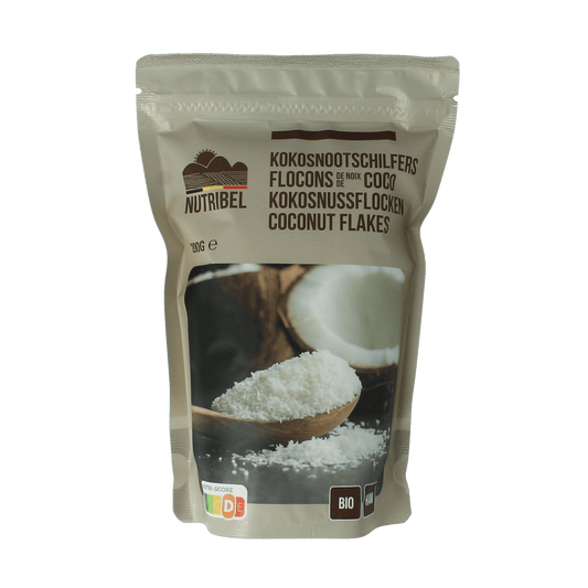 Raw bio coconut flakes from Nutribel, 200 grams, displayed in a clear bag, showcasing the natural dried coconut shavings.