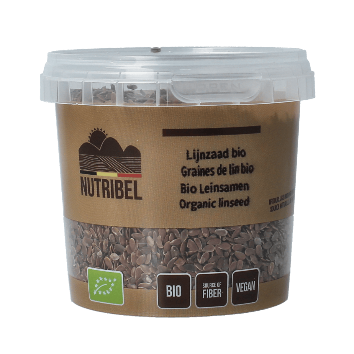 Organic Nutribel flaxseed in a 200g package, raw superfood, healthy whole flax seeds for nutritious cooking and baking.