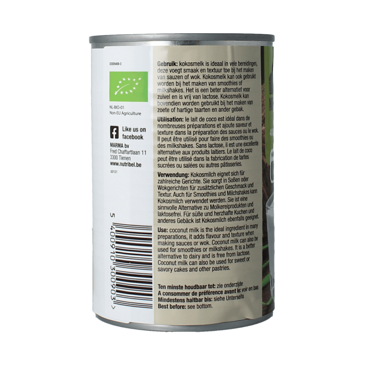 Nutribel gluten-free organic coconut milk in a 400ml bottle, suitable for sauces and flavoring, with a creamy appearance.