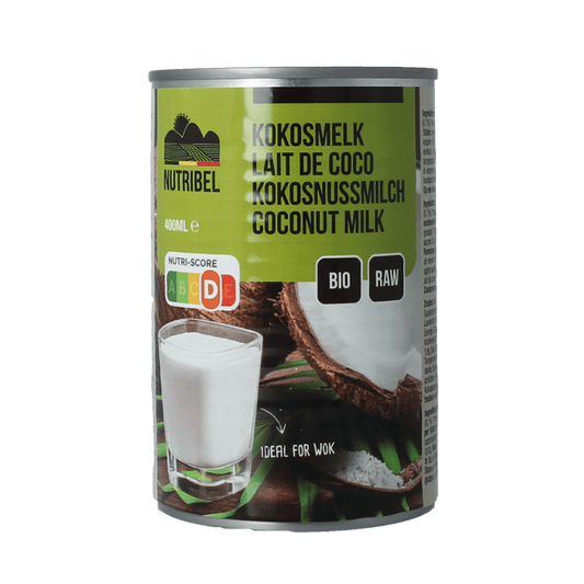 Nutribel organic gluten-free coconut milk in a 400ml bottle, used as a sauce or flavoring in cooking and baking.