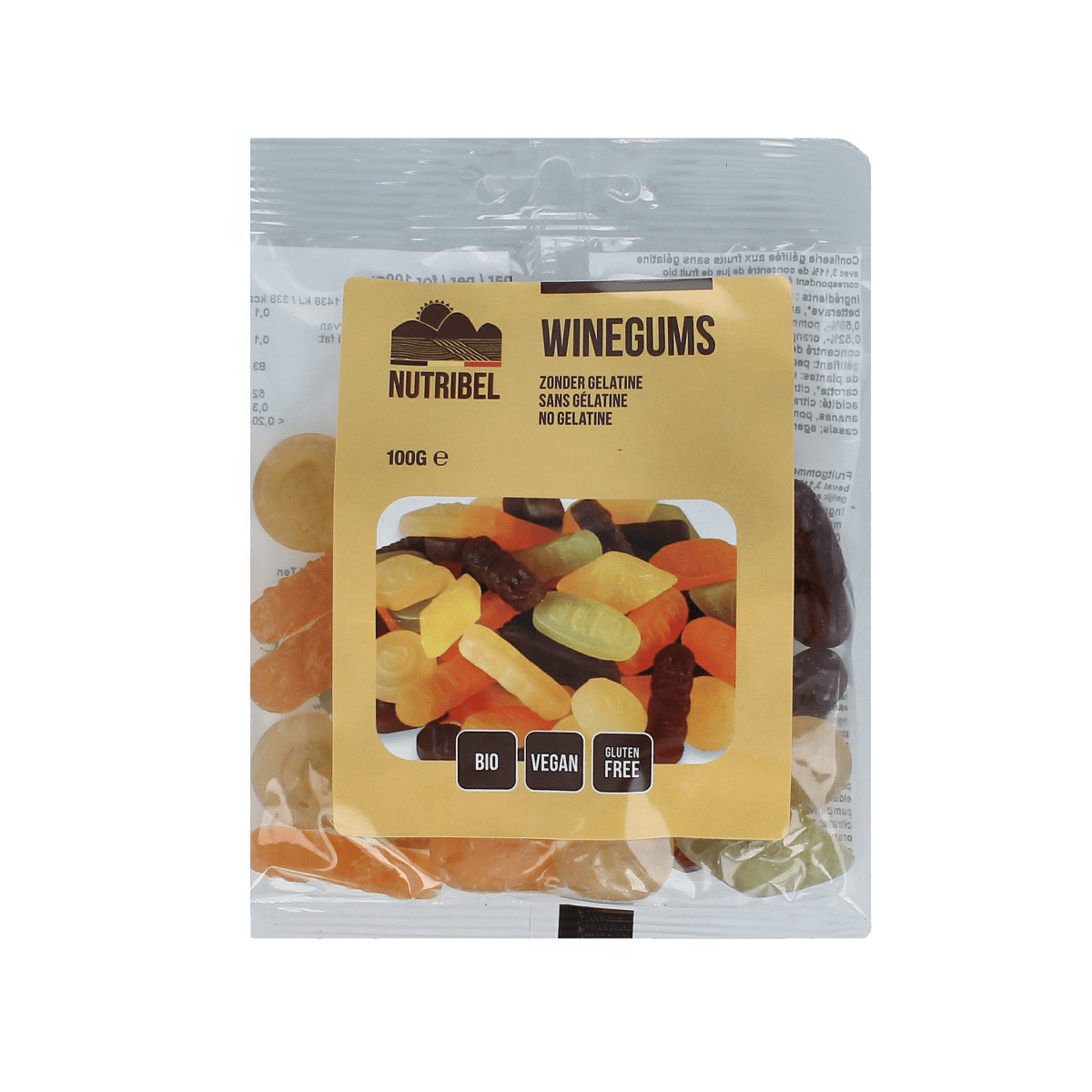 Nutribel Bio Winegums, 100g, colorful gummy candies from natural ingredients, in a clear bag with a label.