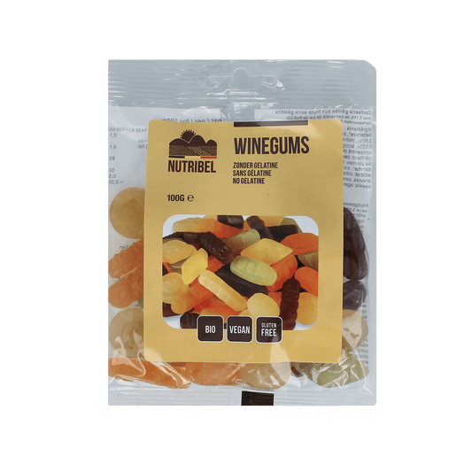 Nutribel Bio Winegums, 100g, colorful gummy candies from natural ingredients, in a clear bag with a label.