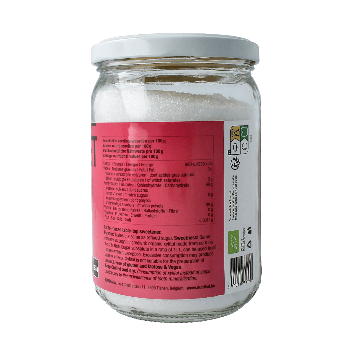 Nutribel Sweet Xylitol bio 500g, organic sweetener in a clear plastic bag, showing the branded packaging and product label.