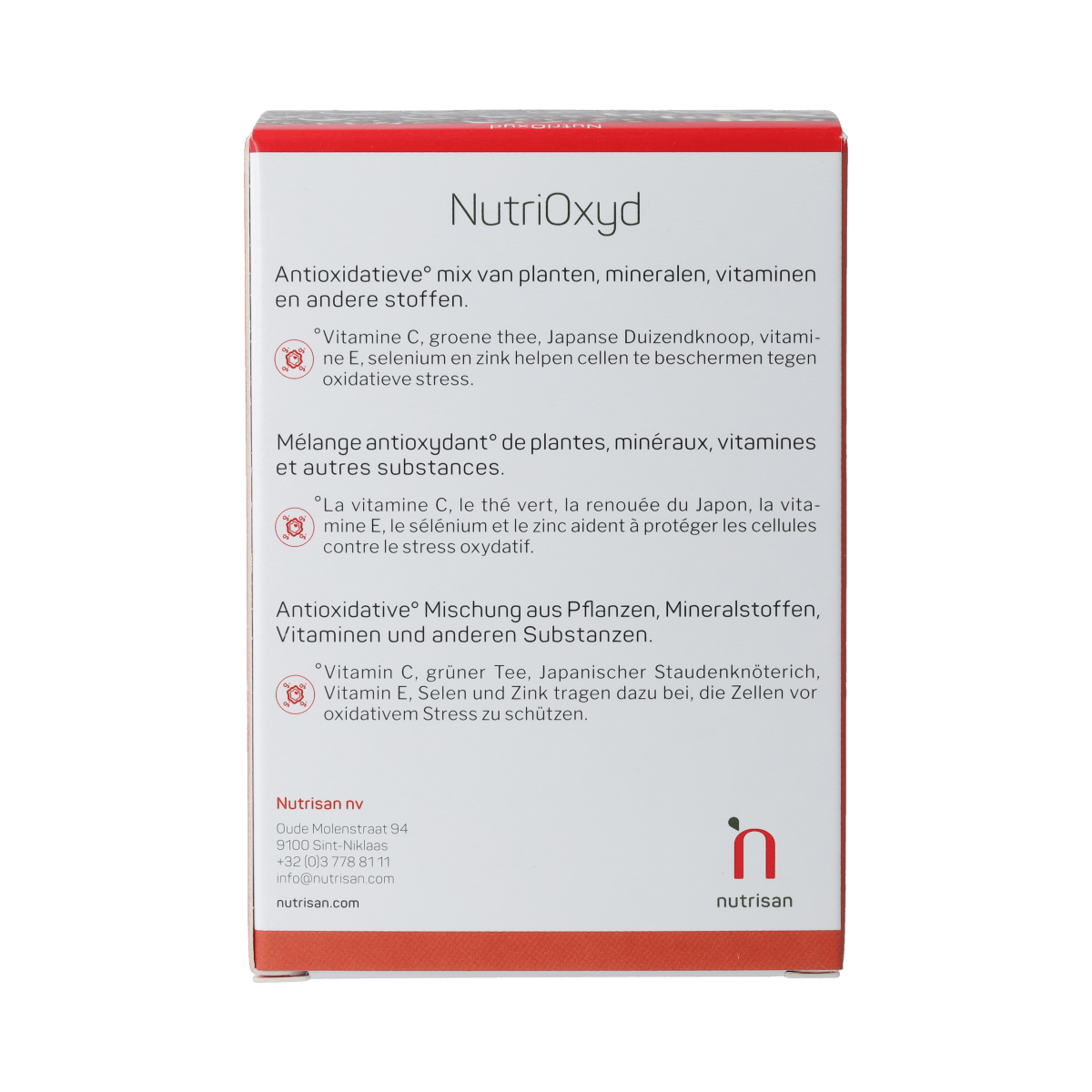 Bottle of Nutrisan NutriOxyd 60 capsules, dietary supplement with herbal and nutritional ingredients in a white container.