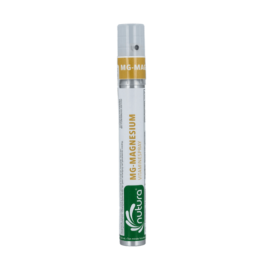 Nutura Vitaminesprays MG Magnesium Vitamin Spray bottle, 14.4 ml, mineral supplement, close-up of the product container.
