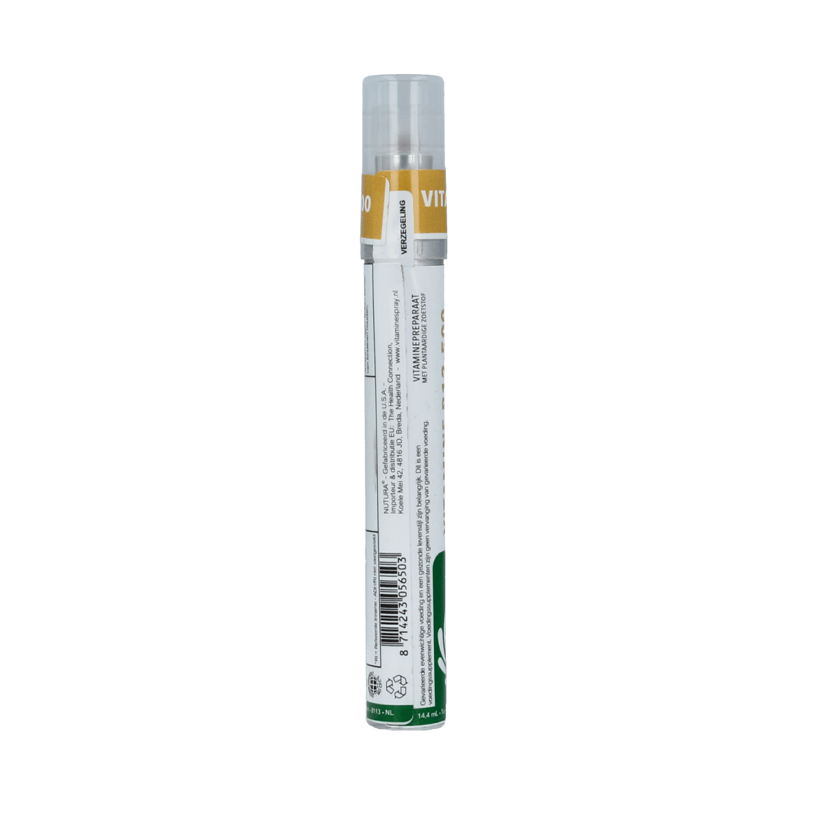 Nutura Vitaminesprays B12 vitamin spray in 14.4 ml bottle, close-up of the product bottle with label showing B12 vitamins.