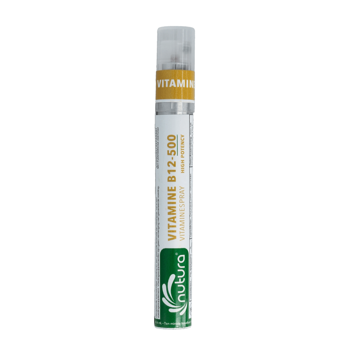 Nutura Vitaminesprays B12 vitamin spray bottle, 14.4 ml, with a clear label showing the product and brand.