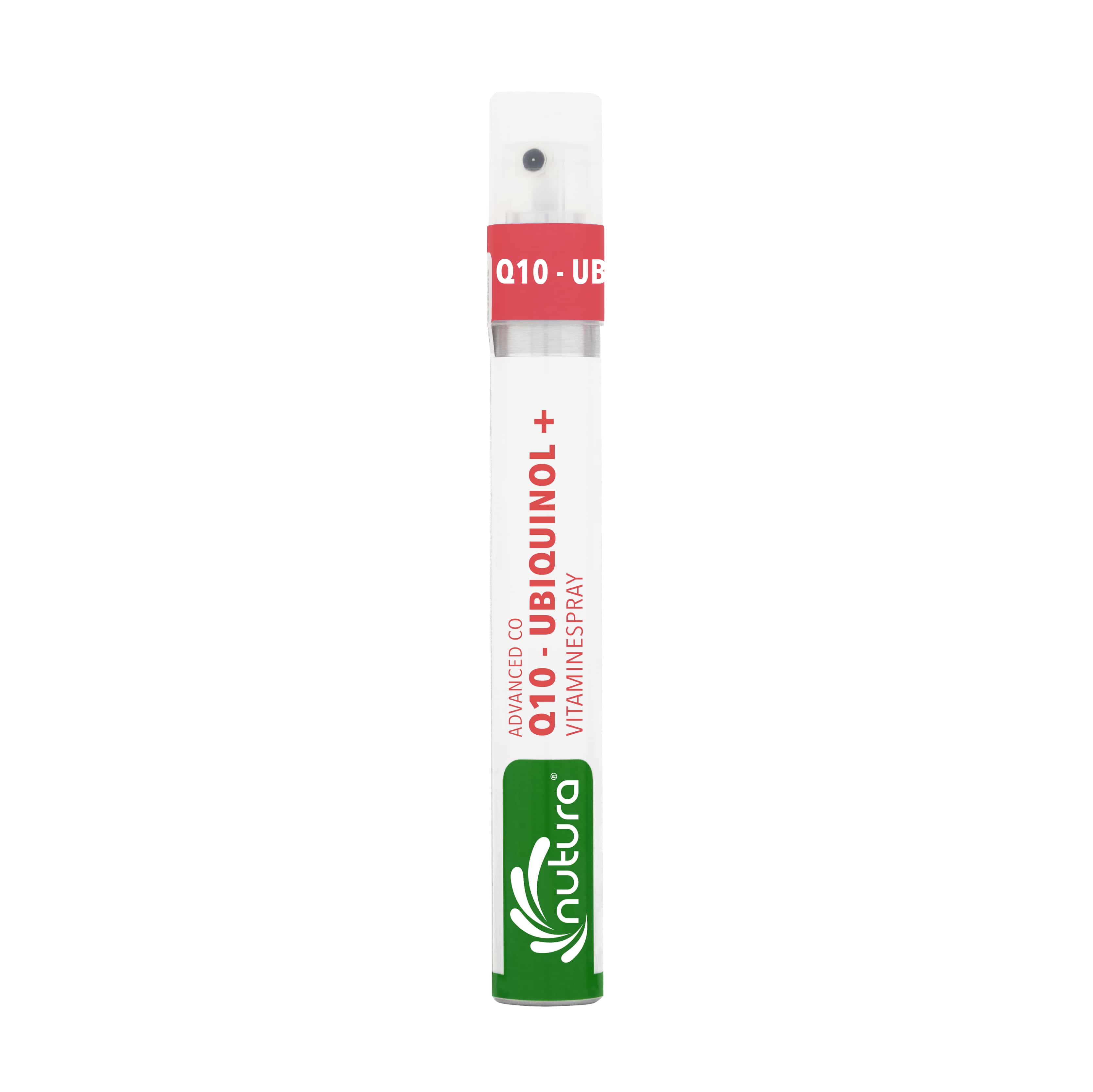Nutura Vitaminesprays Q10-Ubiquinol multivitamin spray bottle, 14.40 ml, with colorful packaging and product label visible.