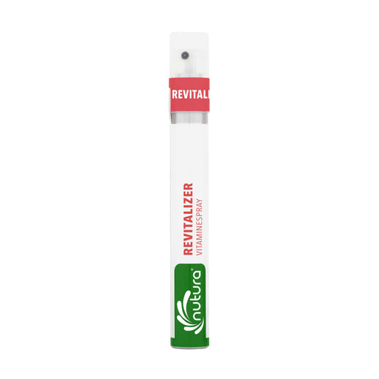 Nutura Vitaminesprays ReVitalizer multivitamin spray bottle, 14.40 ml, with colorful label and spray nozzle for daily vitamin intake.
