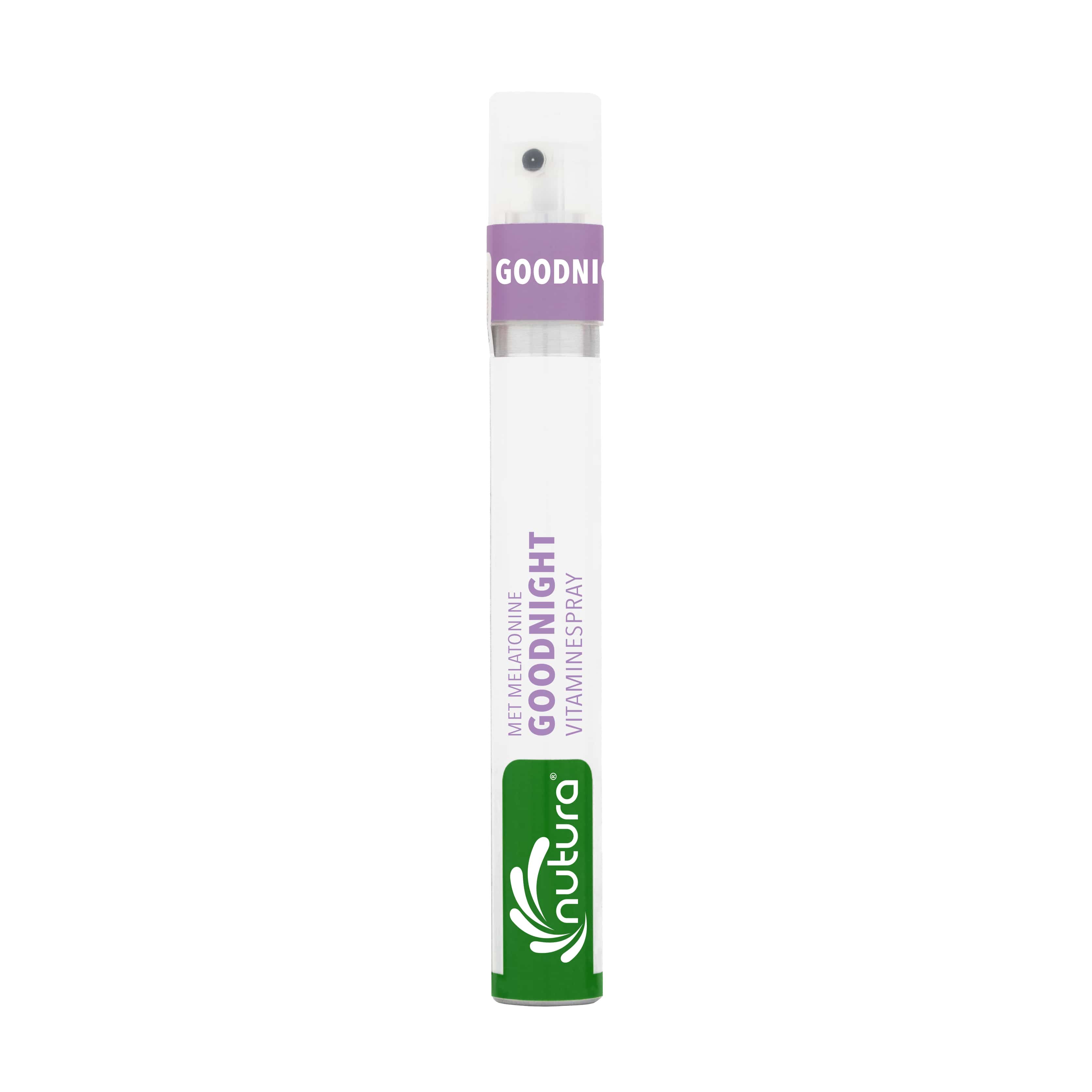 Nutura Vitaminesprays GoodNight vitaminespray in 14.40ml bottle, dietary supplement with herbal ingredients for better sleep.