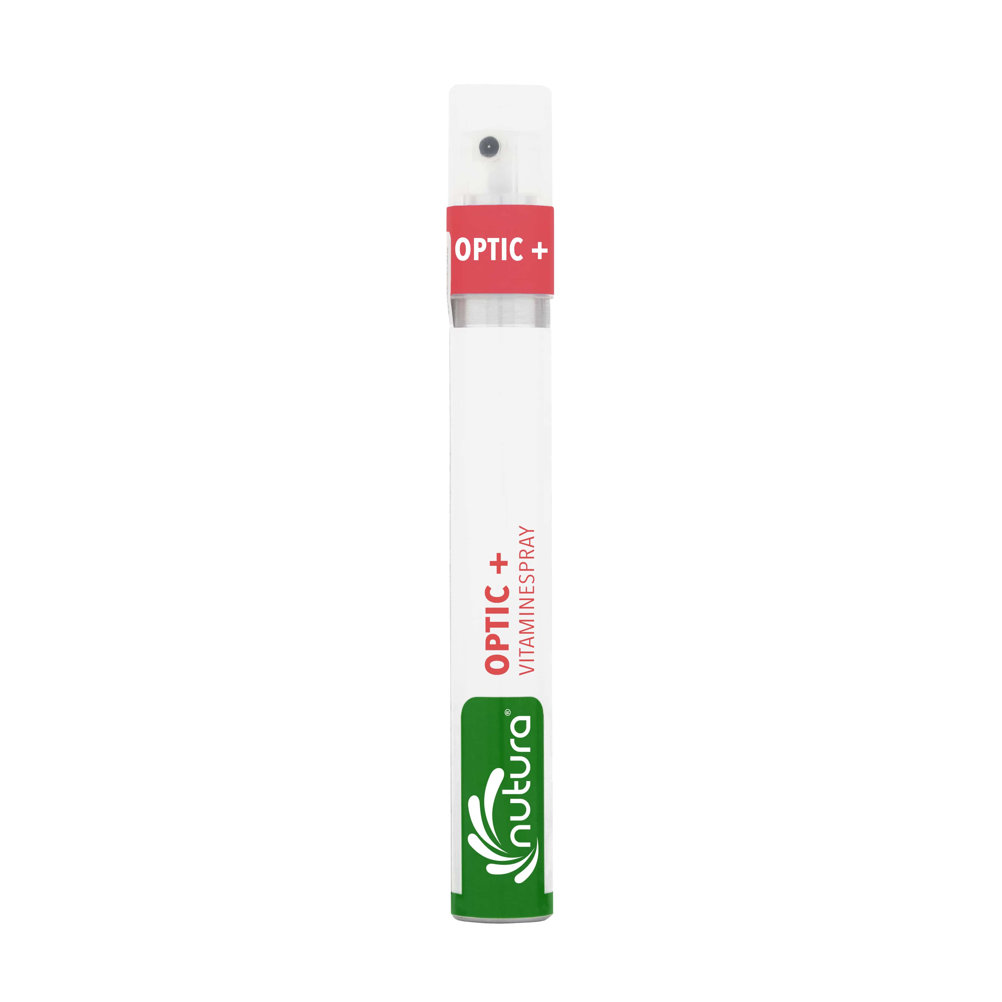 Nutura Vitaminesprays Optic+ vitaminspray 14.40ml, a dietary supplement with herbal ingredients in a small spray bottle.