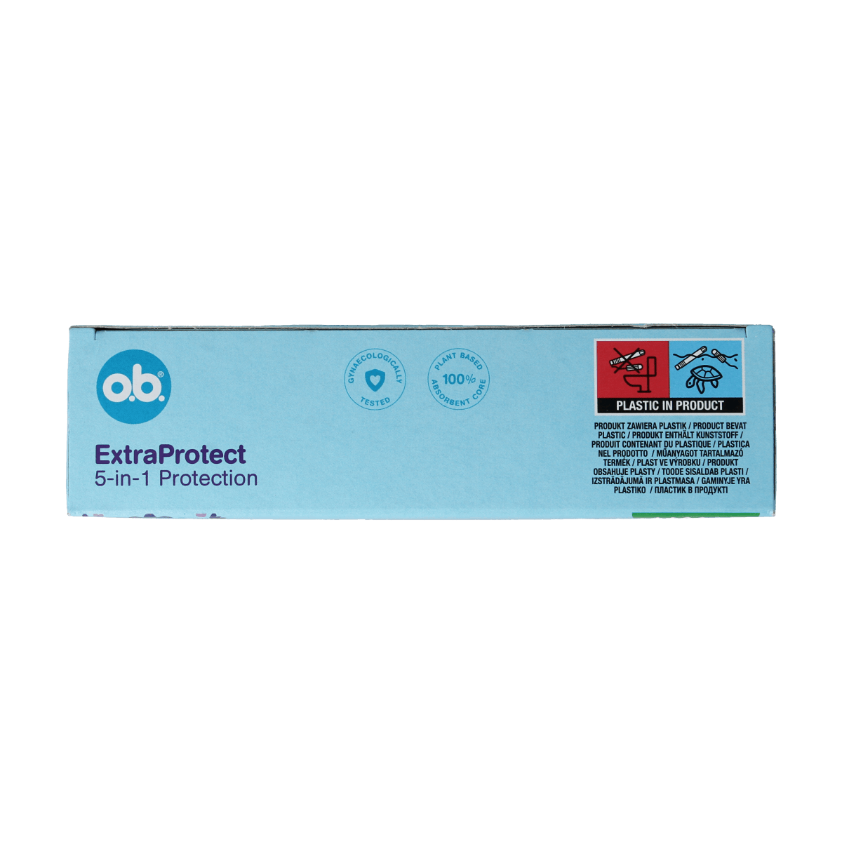 OB Tampons Extra Protect Super Plus, 16-pack, feminine hygiene product for enhanced absorbency, with tampons shown in a box.