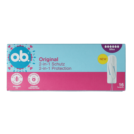 OB Tampons Original Dynamic Fit Ultra pack of 16, discreet feminine hygiene tampons for women, showing the product packaging.