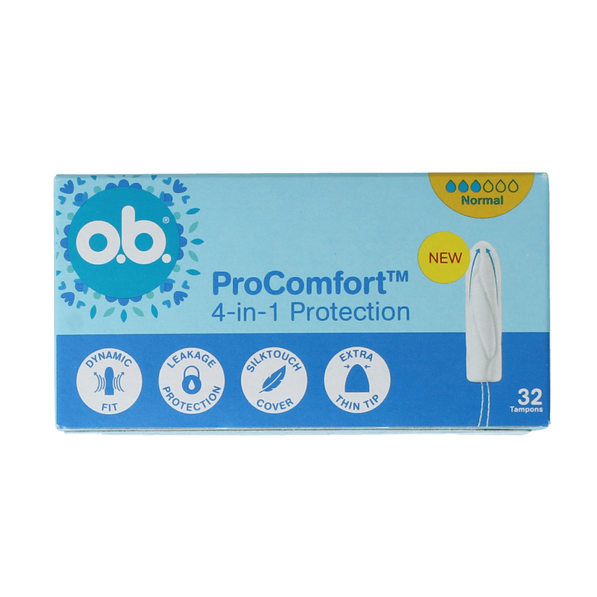 OB Tampons Pro Comfort Advanced Normal, pack of 32, discreetly shown with tampons in a box for women’s feminine hygiene.