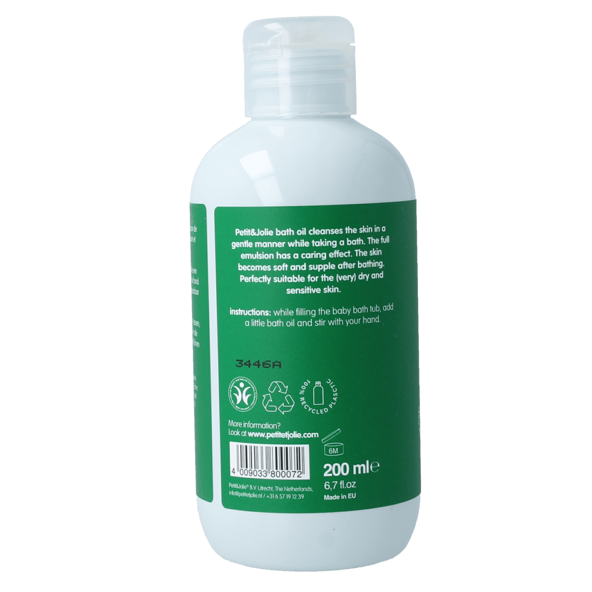 Petit et Jolie baby bath oil bottle 200ml, gentle skincare product for babies and toddlers, with a clear view of the packaging.