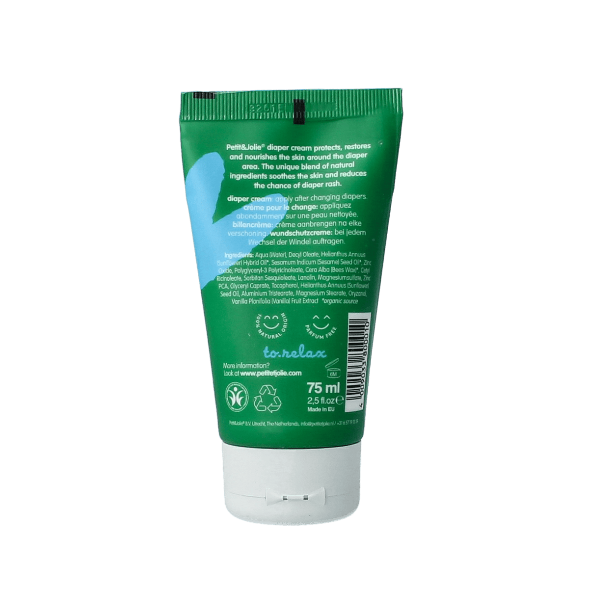 Petit et Jolie diaper cream with zinczalf in a 75ml tube, designed for baby and toddler skin care, shown in the image.