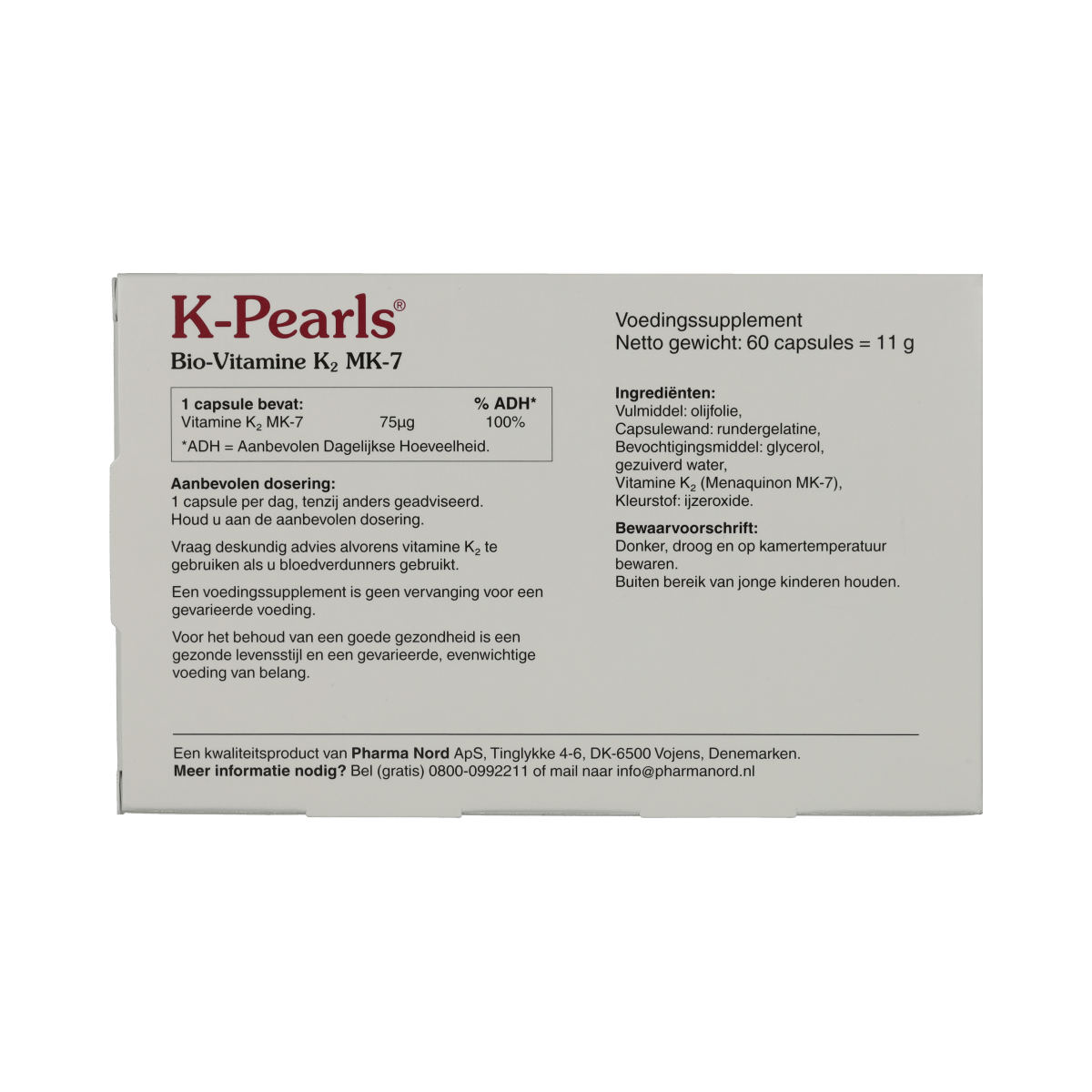 Pharma Nord K-Pearls vitamin supplement in a bottle with 60 tablets, featuring small round softgel capsules.