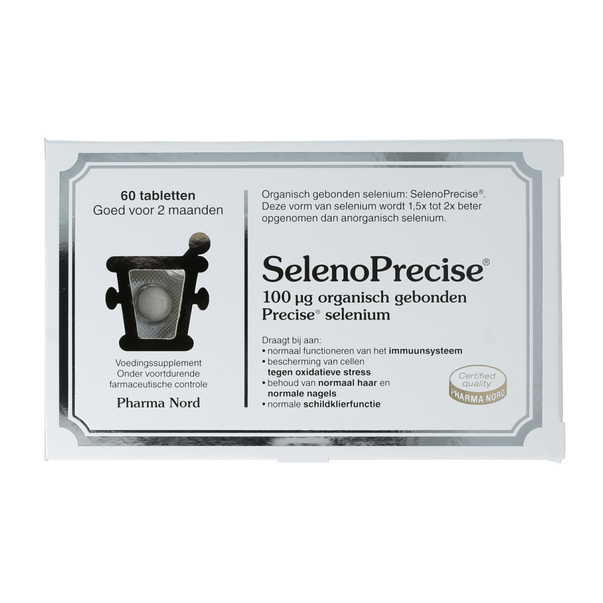 Pharma Nord SelenoPrecise 60-tablet bottle showing tablets and packaging for selenium vitamin supplement.