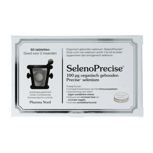 Pharma Nord SelenoPrecise 60-tablet bottle showing tablets and packaging for selenium vitamin supplement.