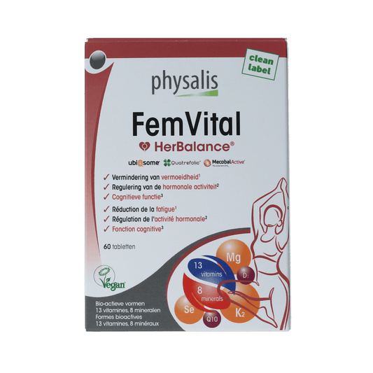 Physalis FemVital dietary supplement tablets in a bottle, promoting women's health with natural herbal ingredients.