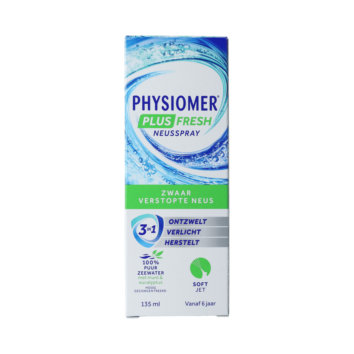 Physiomer Plus Fresh nasal spray bottle, 135ml, for nasal care and inhalation, with a white and blue label.