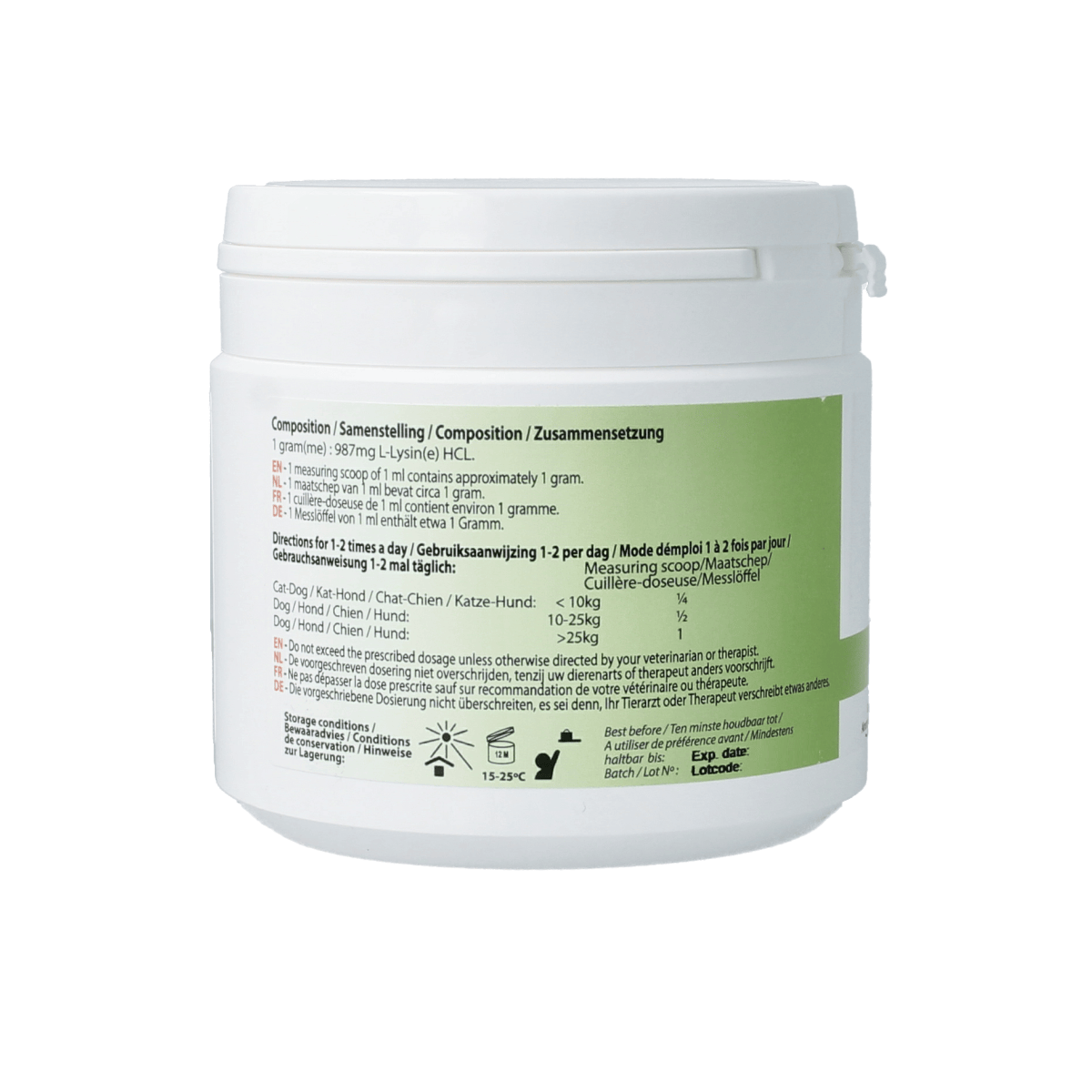PhytoTreat L-lysine dietary supplement for dogs and cats in 150g container, supporting pet health and immune function.
