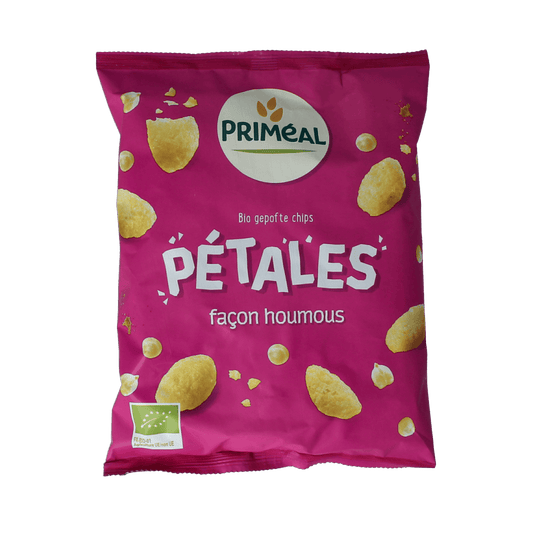 Primeal Chips en Zoutjes with hummus flavor, organic snack chips in a 75g package, crispy and seasoned crunchy snack.