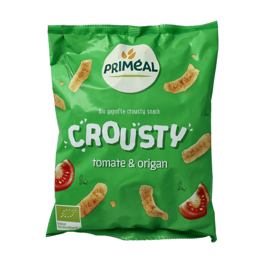 Primeal organic tomato and oregano flavored chips in a 75g bag, crispy snack with natural tomato and oregano ingredients.