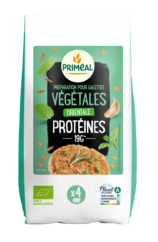 Primeal Groenteburgermix Orientaals proteine bio 200g package showing colorful spice blend and vegetable ingredients in a bowl.