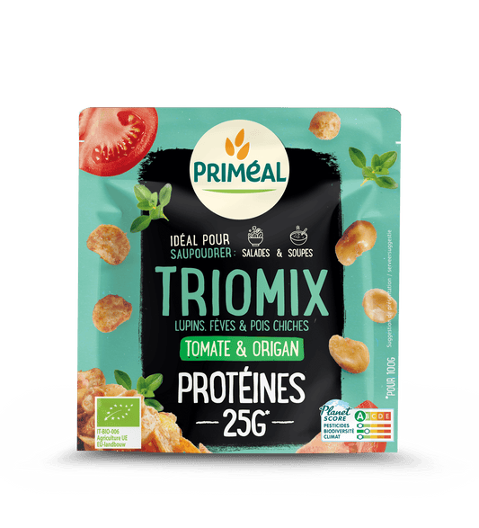 Primeal Trio Mix protein topping with tomato and oregano, organic 70g, healthy food supplement for flavorful dishes
