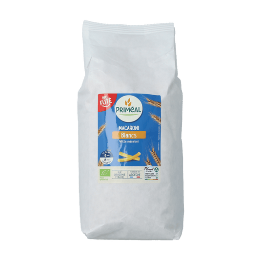 Primeal Witte Macaroni Bio pasta en rijst, 1000 grams, showing a close-up of the uncooked white organic pasta in a clear bowl.
