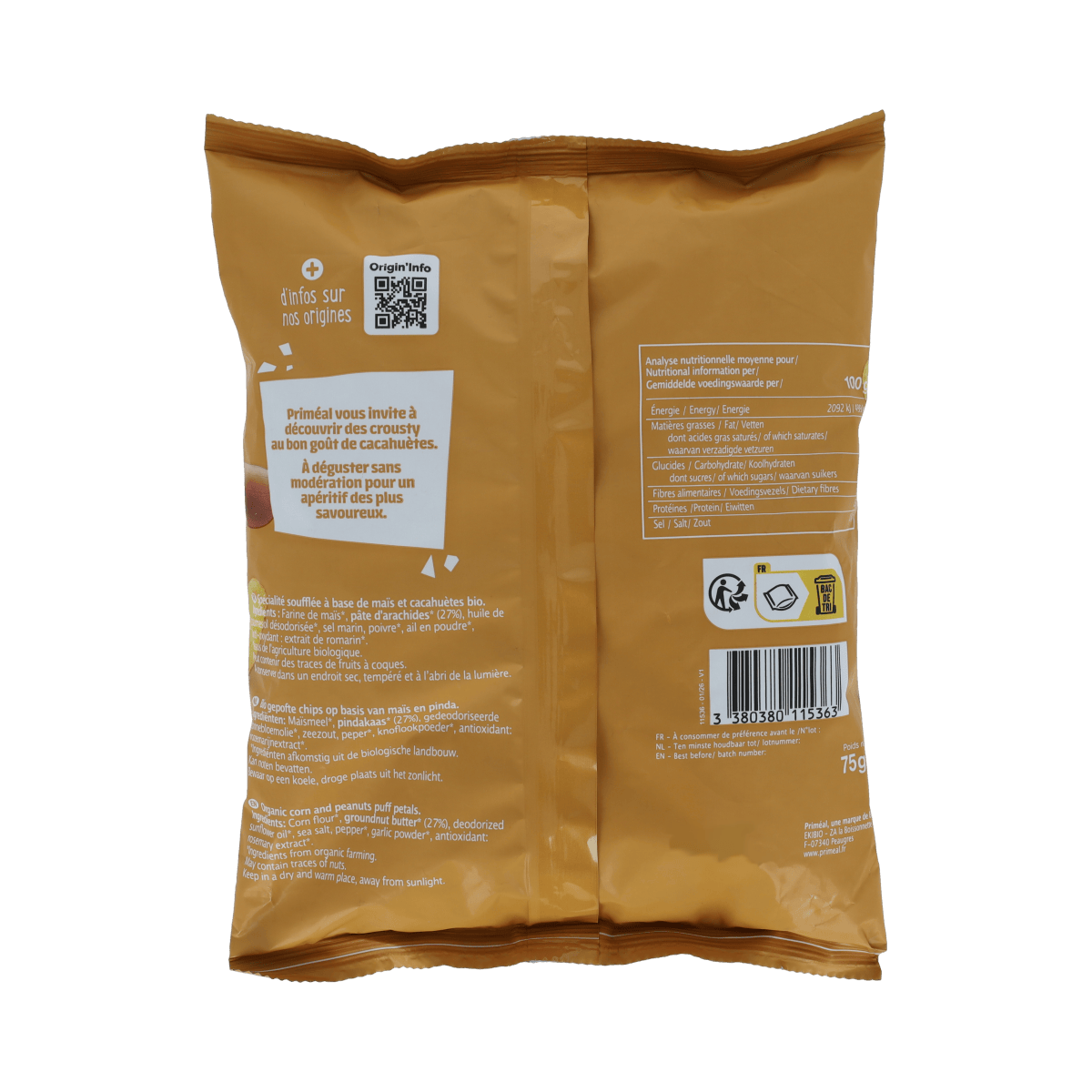 Primeal Snacks en Tussendoortjes 75.00 Gram Primeal Chips gepoft pinda glutenvrij bio 75.00 Gram