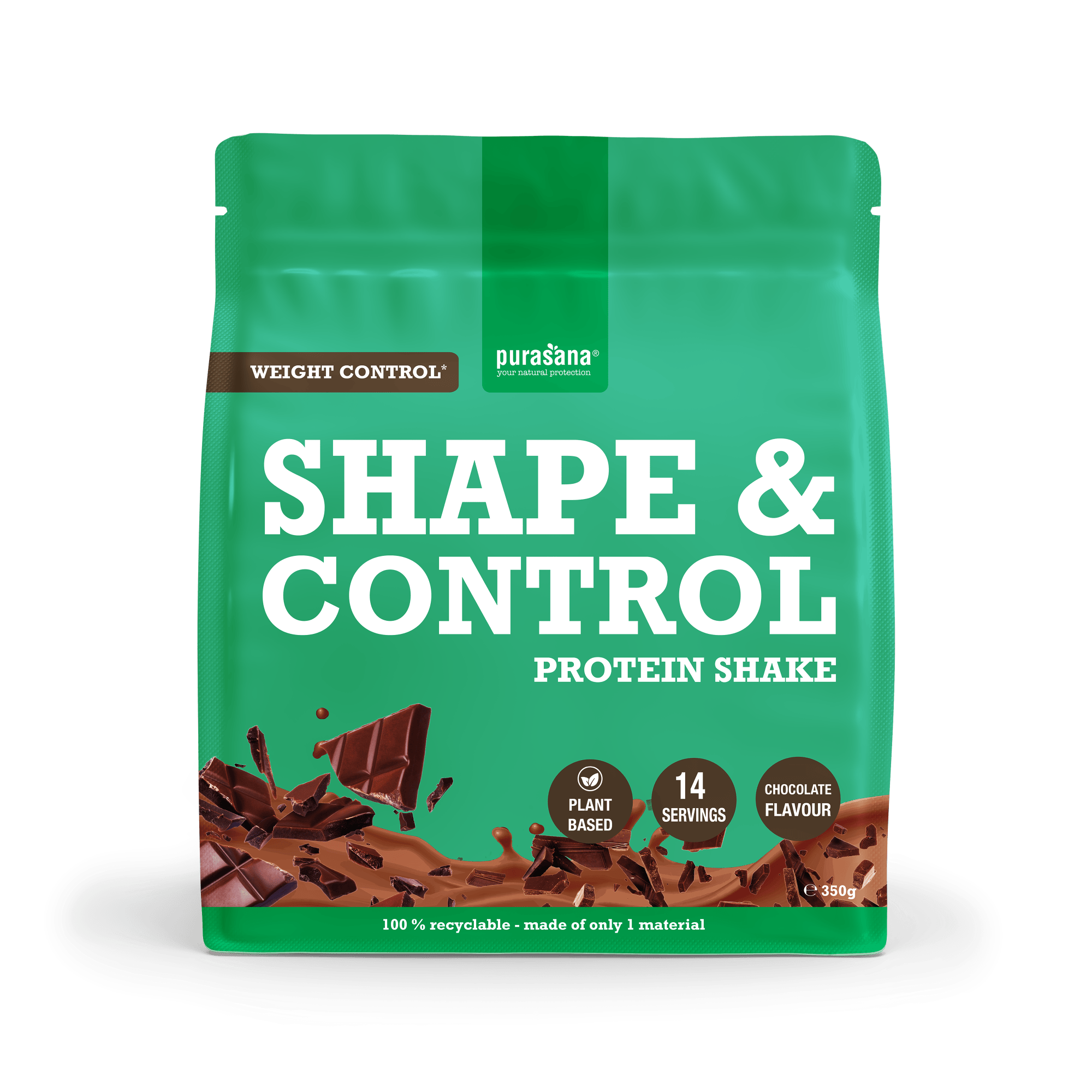 Purasana Shape & Control Plant Protein in chocolate flavor, 350g, amino acids supplement with a container of the product.