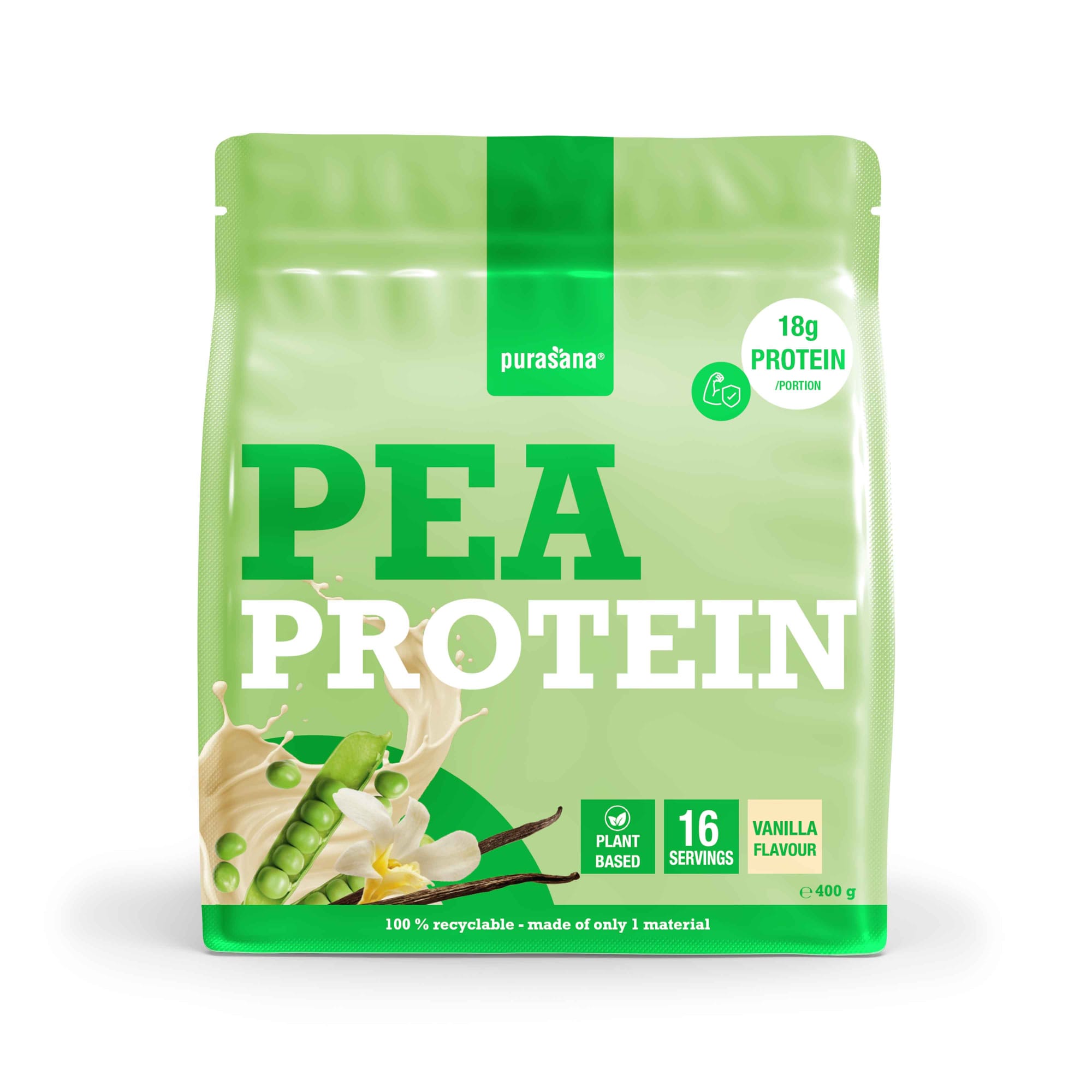 Purasana Plant Protein Erwt Vanille 400g container, natural plant-based amino acids supplement with vanilla flavor.