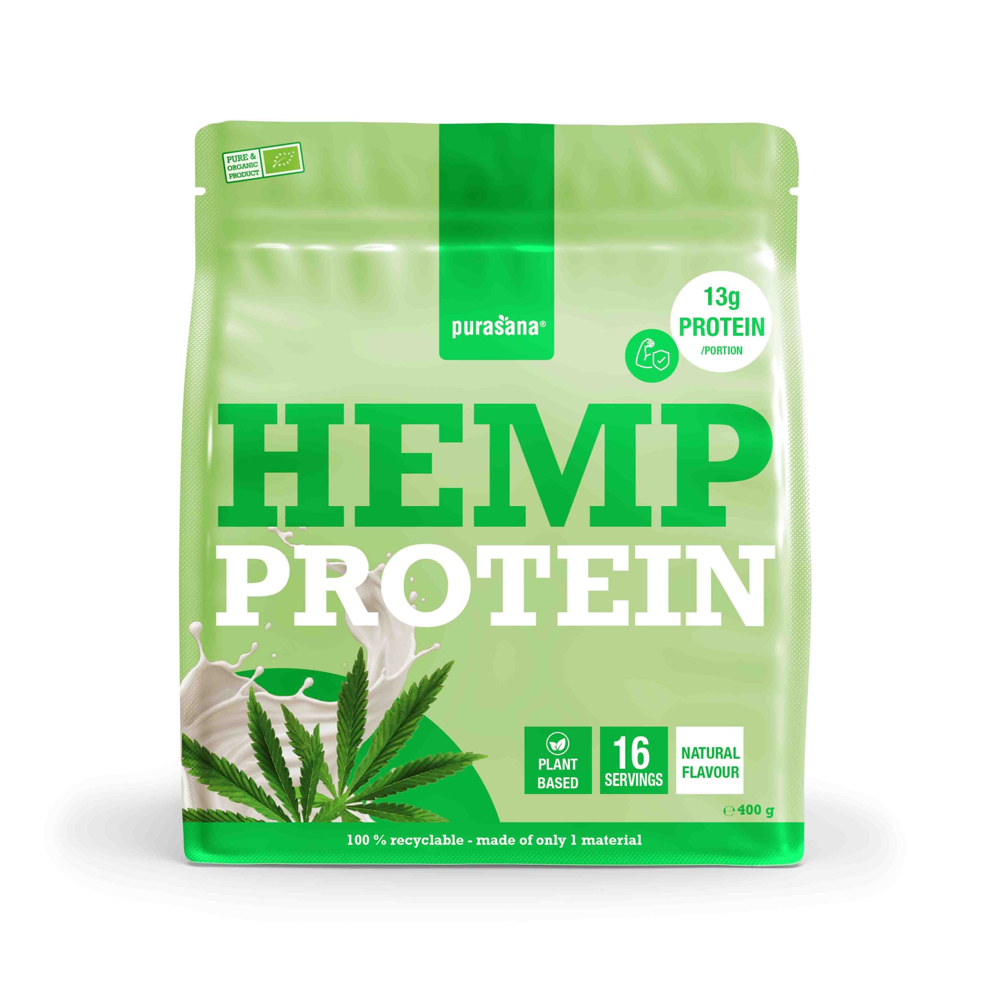 Purasana organic hemp plant protein powder in a 400g package, showing the natural, eco-friendly packaging and label.