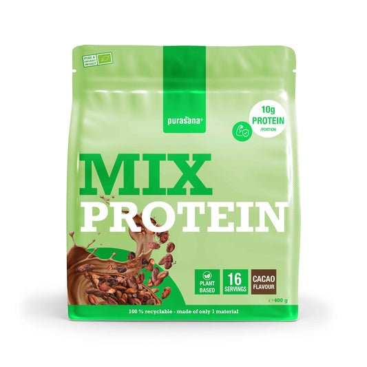Purasana Plant Protein Mix Cacao Bio, 400g, natural amino acid supplement with cacao flavor in a resealable bag.