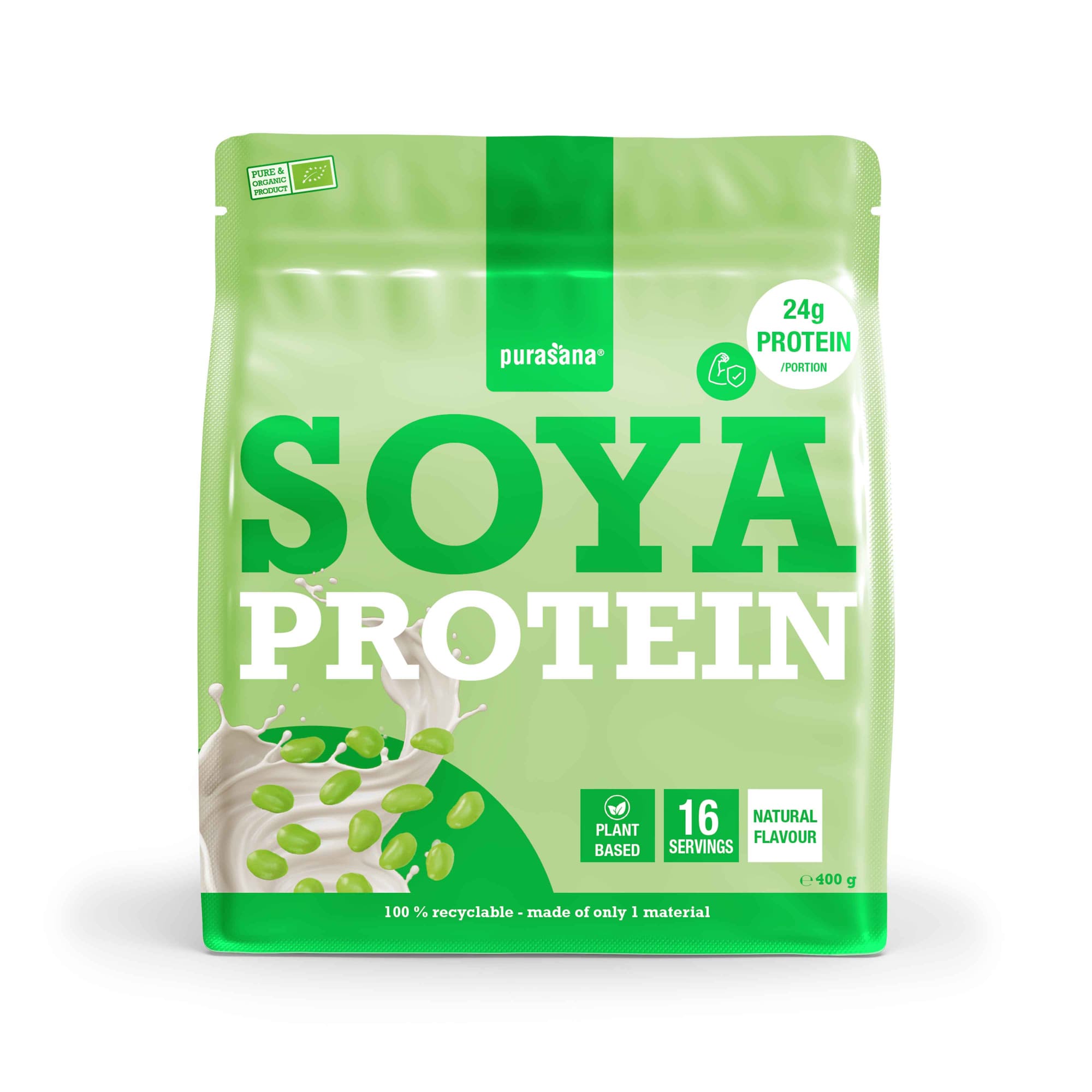 Purasana Plant Protein Soja Natuurlijk Bio 400g, organic soy protein supplement with amino acids, in a resealable bag.