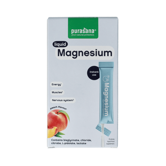 Purasana magnesium liquid gelstick, 10ml mineral supplement, close-up of the 15-pack box showing individual gelstick containers.