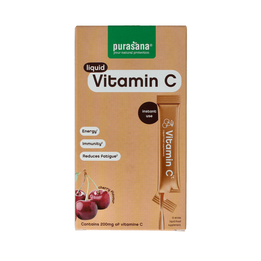 Purasana Vitamin C liquid gelstick 10ml, pack of 15, natural vitamin supplement with orange-flavored gelsticks.