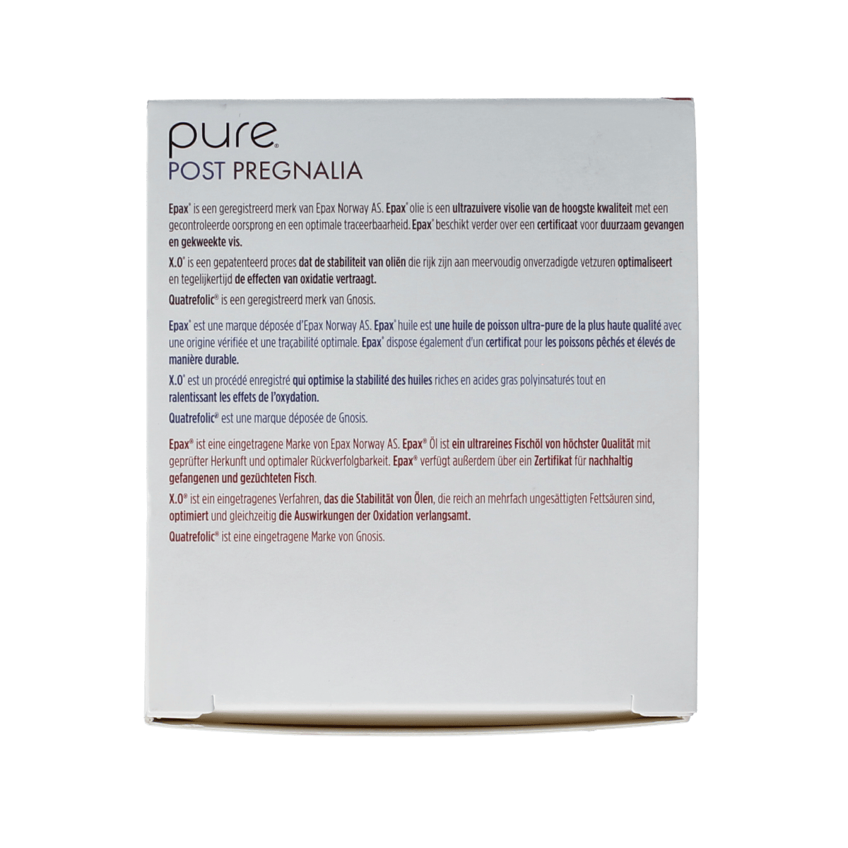 Pure Post Pregnalia supplement with 30 tablets and 30 softgels, designed for pregnant women, in a clear container.
