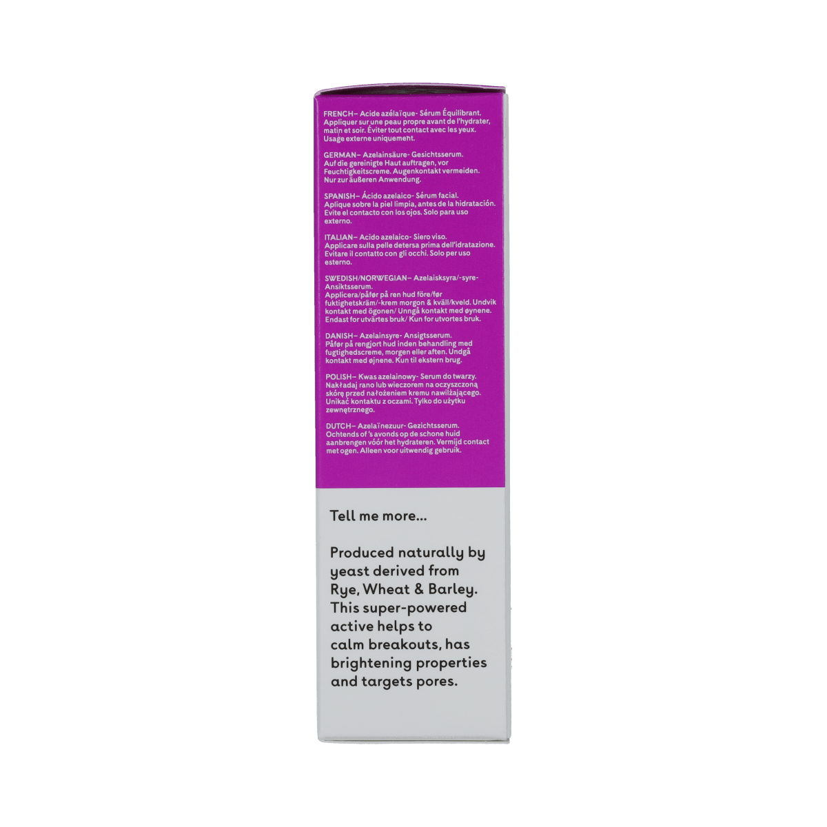 Q+A Azelaic Acid Serum in 30ml bottle, facial skincare product for clearer, brighter skin, and gentle skin tone improvement.