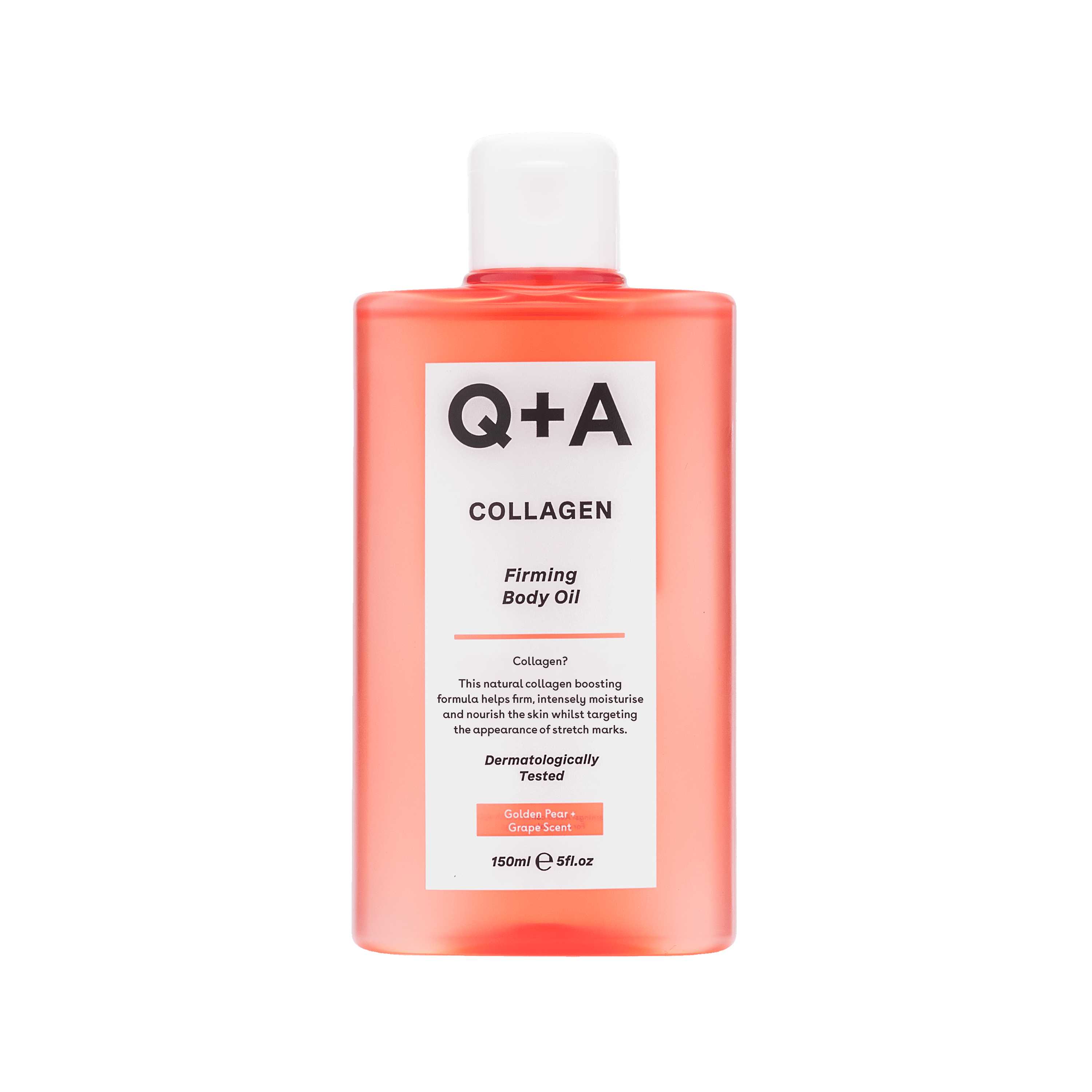 Q+A Collagen Body Oil in 150ml bottle, moisturizing body care product with collagen for skin nourishment.