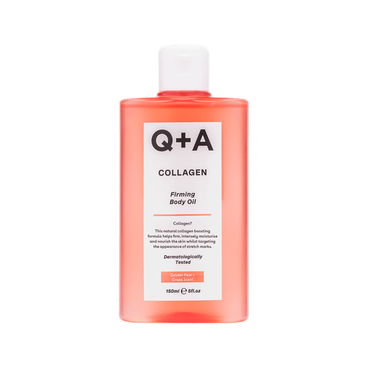 Q+A Collagen Body Oil in 150ml bottle, moisturizing body care product with collagen for skin nourishment.