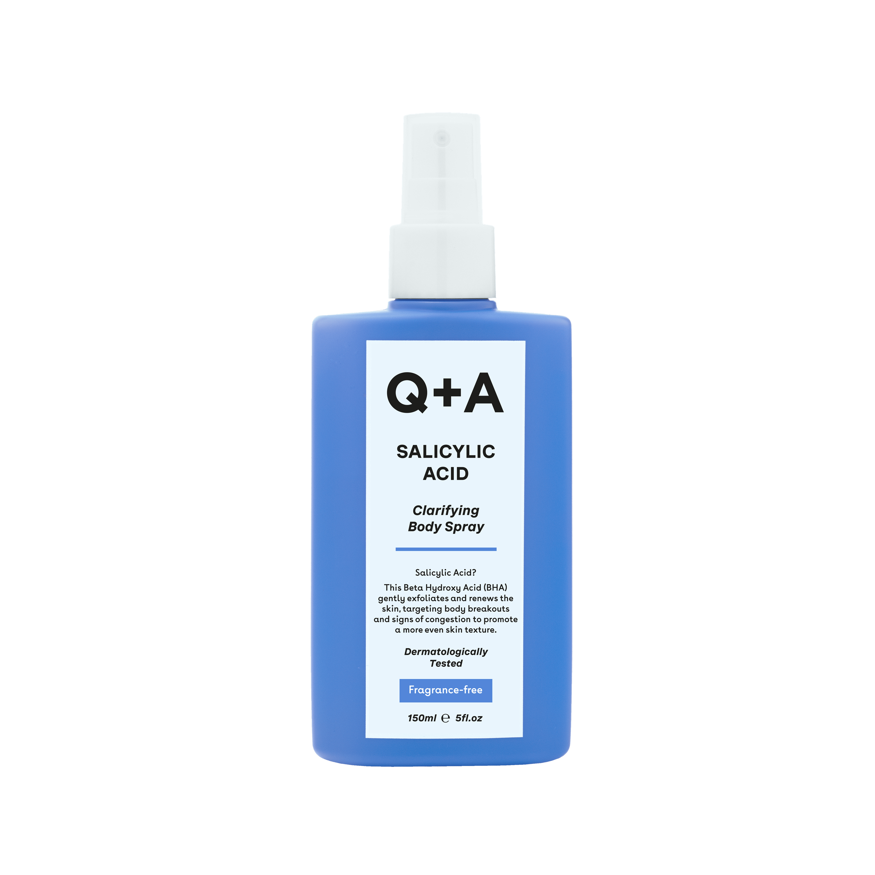 Q+A Salicylic Acid Body Spray in 150ml bottle, a skincare product for body care and acne treatment.