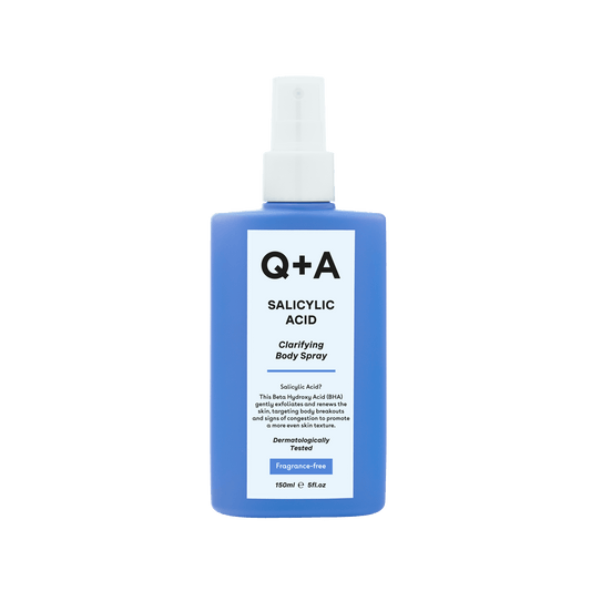 Q+A Salicylic Acid Body Spray in 150ml bottle, a skincare product for body care and acne treatment.
