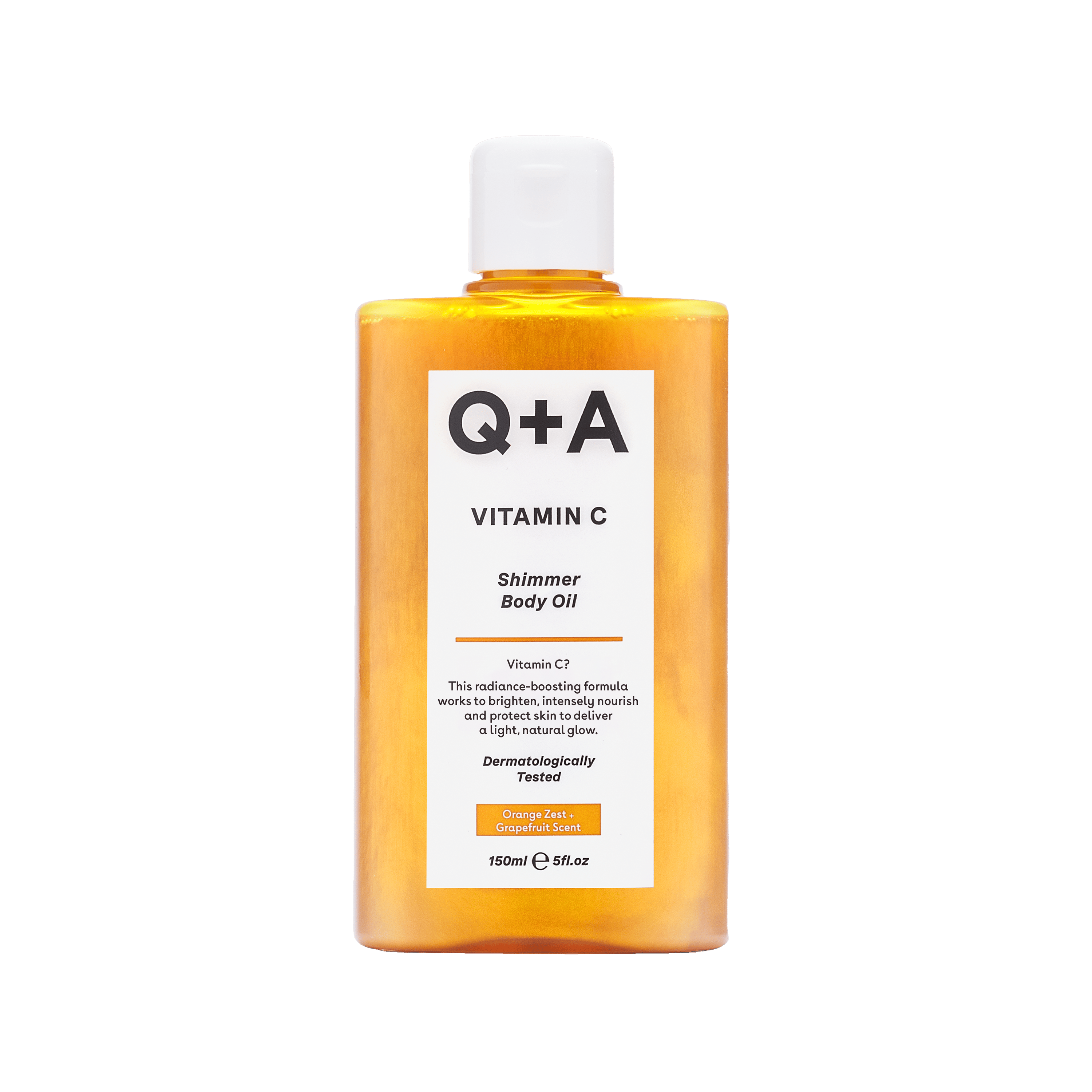 Q+A Vitamin C Shimmer Body Oil in 150ml bottle, moisturizing body care with a luminous shimmer finish.
