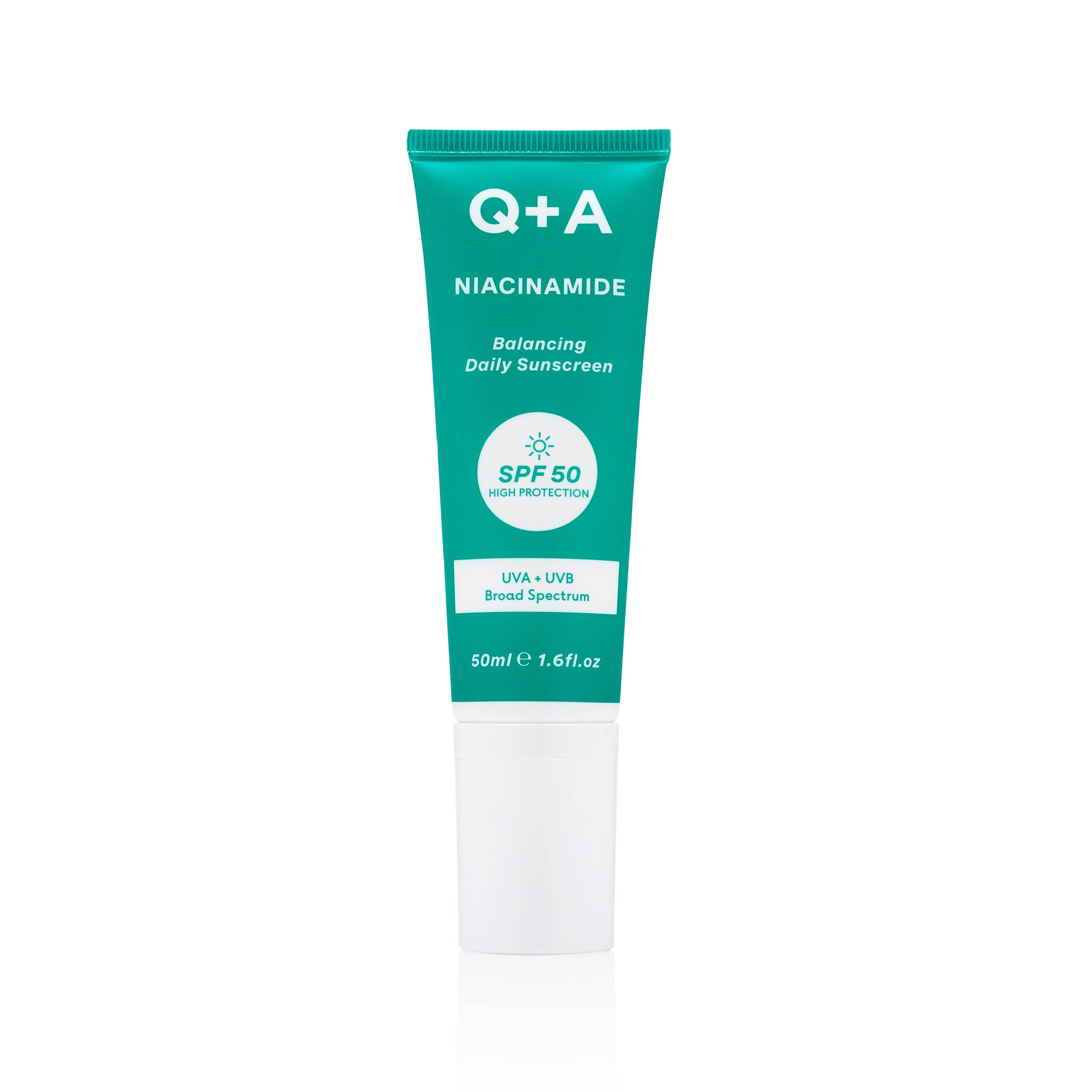 Q+A Niacinamide Face Cream SPF50 in 50ml tube, providing skincare with sun protection and brightening properties.